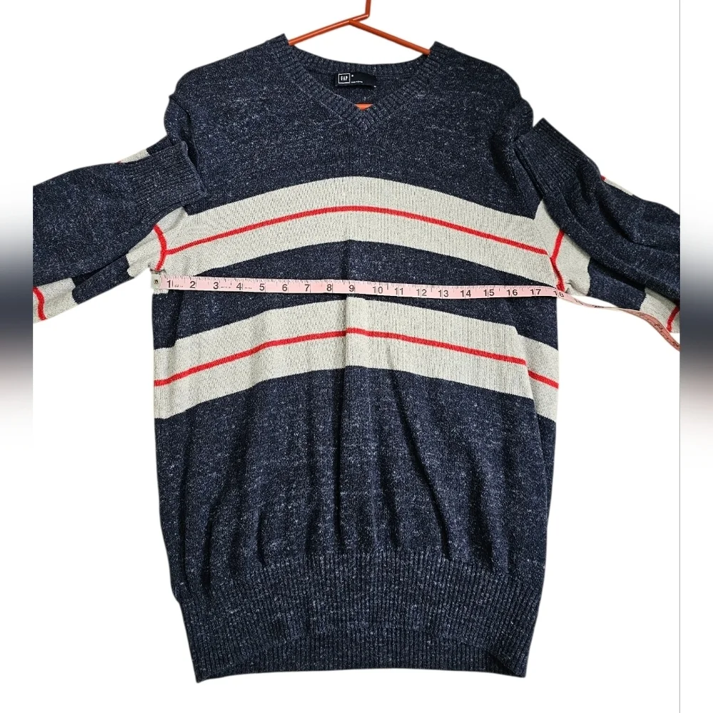 Gap Mens M V-Neck Sweater Navy Blue Marl Striped Cotton Blend Essential Boutique
